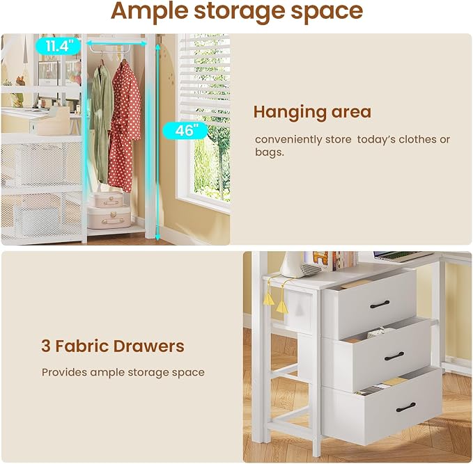 Itaar Stairway Twin Size Loft Bed with L Shaped Desk and Wardrobe, Metal Loft Bed Frame with Storage Stairs, 3 Fabric Drawers, LED Lights & Charging Sation (White, Twin)