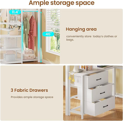 Itaar Stairway Twin Size Loft Bed with L Shaped Desk and Wardrobe, Metal Loft Bed Frame with Storage Stairs, 3 Fabric Drawers, LED Lights & Charging Sation (White, Twin)