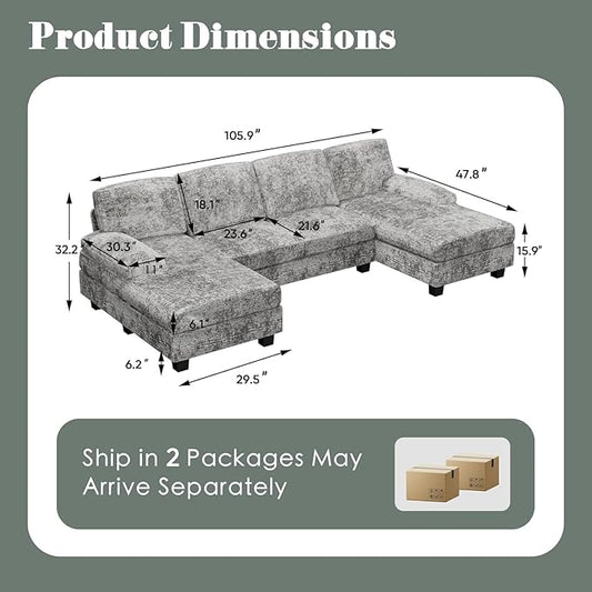 Furniwell Convertible Sectional Sofa Couch, 4 Seat Sofa Set for Living Room U-Shaped Modern Fabric Modular Sofa Sleeper with Double Chaise & Memory Foam (Fabric, Grey)