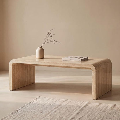 Hyfirm Modern Boho Faux Marble Coffee Table, 47" Travertine Pattern Waterfall Rectangular Center Table in a Scandinavian Style for Living Room with Sturdy Wood Frame, Thick Legs & Easy Assembly