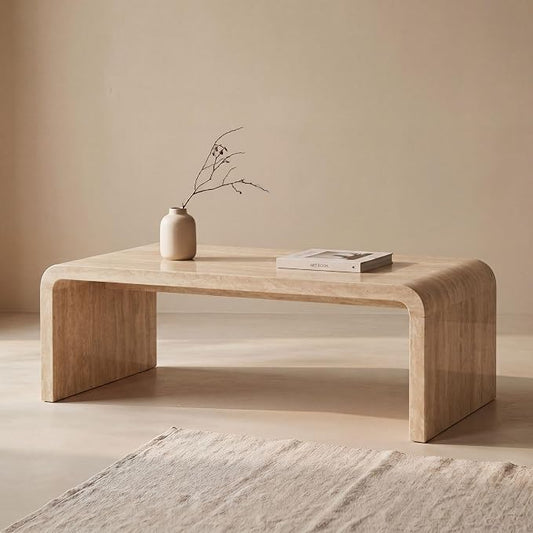 Hyfirm Modern Boho Faux Marble Coffee Table, 47" Travertine Pattern Waterfall Rectangular Center Table in a Scandinavian Style for Living Room with Sturdy Wood Frame, Thick Legs & Easy Assembly