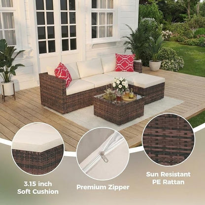 5-Piece Outdoor Sectional Sofa Set, Outdoor Patio Set Sectional Sofa, All-Weather PE Rattan Patio Furniture with Ottoman & Tempered Glass Table for Garden, Backyard, Porch, Poolside (Brown/Beige)