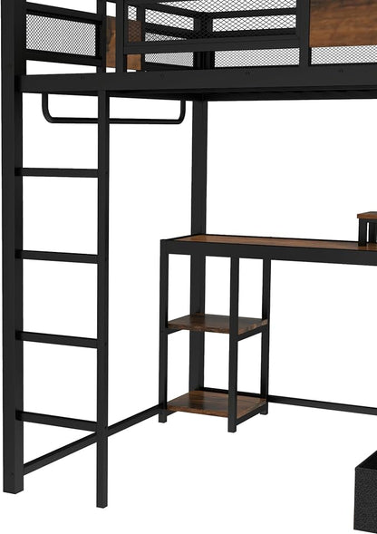Bellemave Queen Loft Bed with Desk & Storage Fabric Drawers & Shelves, Heavy Duty Metal Frame Loft Bed for Adults & Teens, Space Saving Bed for Apartments & Dorm, No Box Spring Needed, Black