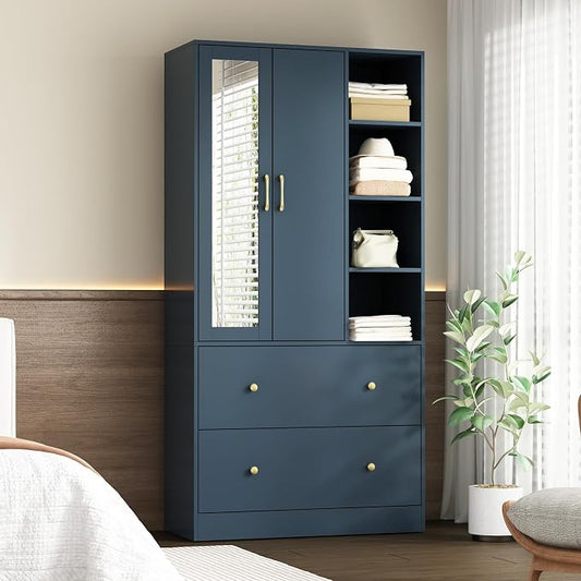 Homsee Wardrobe Armoire Wooden Closet with Mirror, 2 Doors, 2 Drawers, 4 Open Storage Cubes and Hanging Rod for Bedroom, Navy Blue (35.5”L x 15.8”W x 70.8”H)