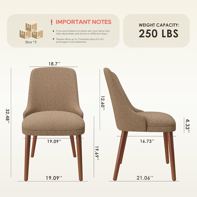 MALOL Dining Room Chair Set of 6, Upholstered Kitchen Chairs with Wood Legs, High-Back Padded Dining Chairs for Dining Room/Restaurant/Cafe, Camel