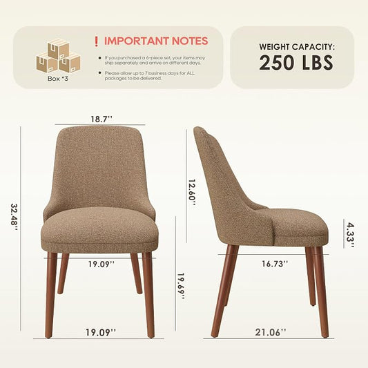 MALOL Dining Room Chair Set of 6, Upholstered Kitchen Chairs with Wood Legs, High-Back Padded Dining Chairs for Dining Room/Restaurant/Cafe, Camel