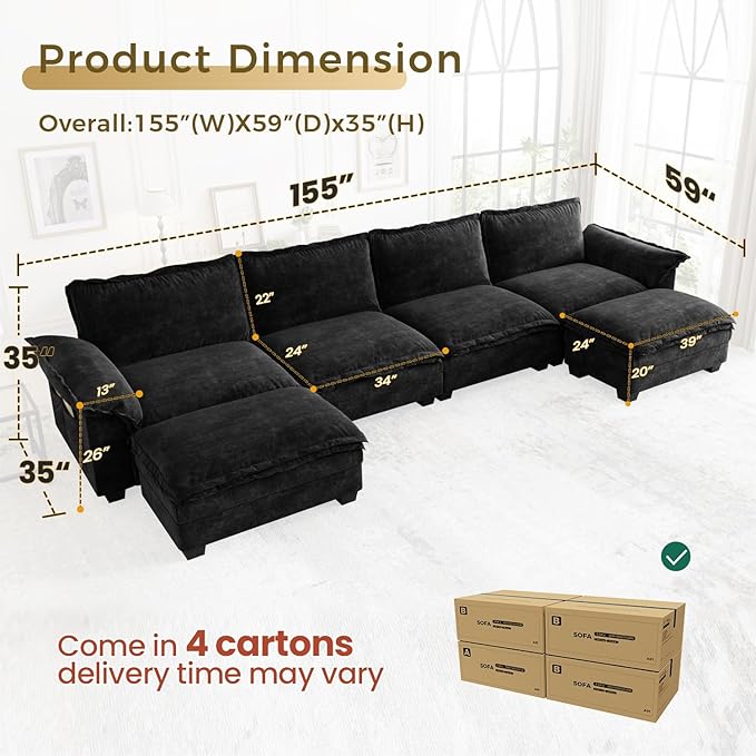 KKL U-Shaped Modular Sectional Sofa, 6 Seater Cloud Couch with Ottoman, Chenille Sectional Couches for Living Room, Apartment, Black