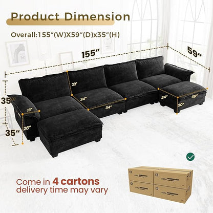 KKL U-Shaped Modular Sectional Sofa, 6 Seater Cloud Couch with Ottoman, Chenille Sectional Couches for Living Room, Apartment, Black