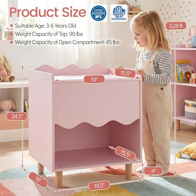 Costzon Nightstand, Kids Scalloped Side Table w/Wide Top, Large Storage Compartment & Solid Rubber Wood Legs, Wooden End Table for Children's Play Room, Bedroom, Living Room (Pink)