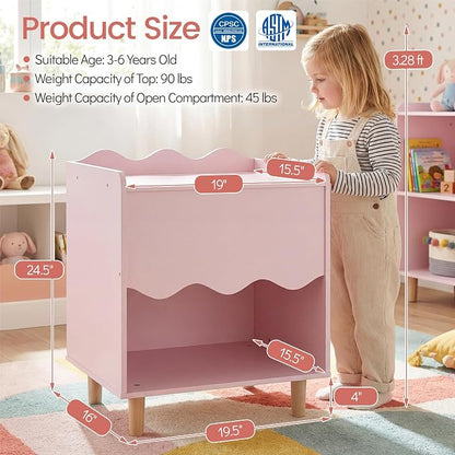 Costzon Nightstand, Kids Scalloped Side Table w/Wide Top, Large Storage Compartment & Solid Rubber Wood Legs, Wooden End Table for Children's Play Room, Bedroom, Living Room (Pink)