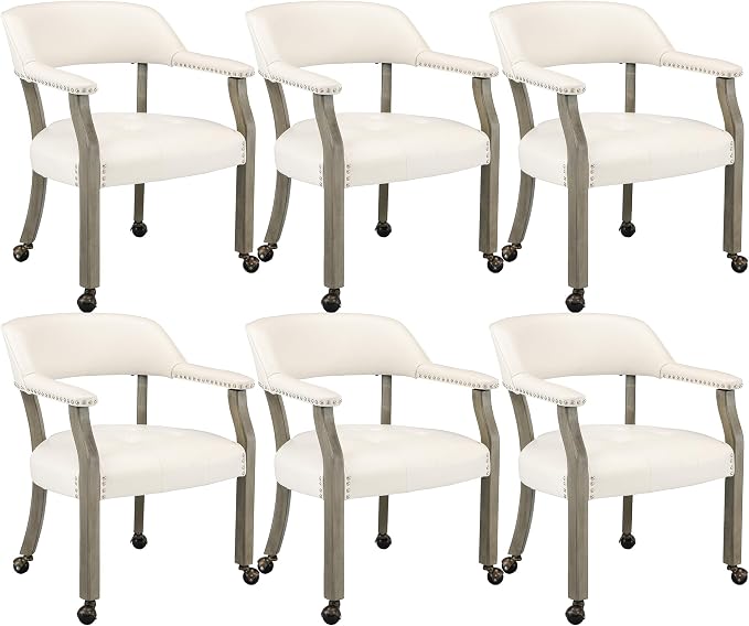 LEEMTORIG Set of 6 Large Dining Chairs with Casters and Arms, Rolling Dining Chairs with Wheels, Solid Wood Boss Caption's Chairs, 26" D x 25.2" W x 31.5" H, Grey Legs & Ivory SY-1318-WT