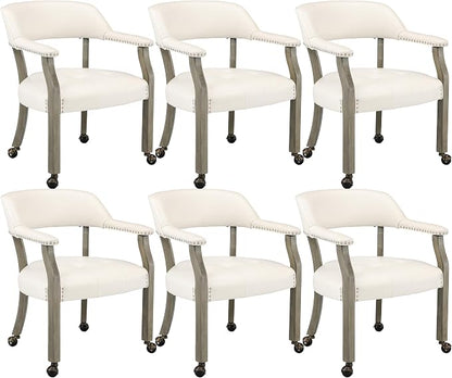 LEEMTORIG Set of 6 Large Dining Chairs with Casters and Arms, Rolling Dining Chairs with Wheels, Solid Wood Boss Caption's Chairs, 26" D x 25.2" W x 31.5" H, Grey Legs & Ivory SY-1318-WT