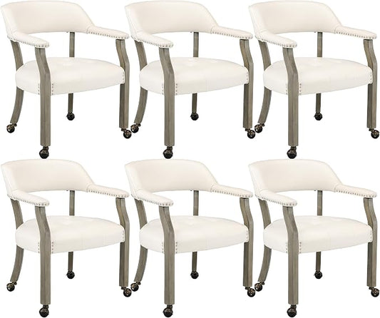LEEMTORIG Set of 6 Large Dining Chairs with Casters and Arms, Rolling Dining Chairs with Wheels, Solid Wood Boss Caption's Chairs, 26" D x 25.2" W x 31.5" H, Grey Legs & Ivory SY-1318-WT