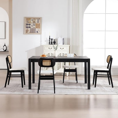 ROCITY Rattan Dining Chairs Set of 6 Black Linen Fabric Dining Room Chairs Natural Wooden Kitchen Chairs Farmhouse Boho