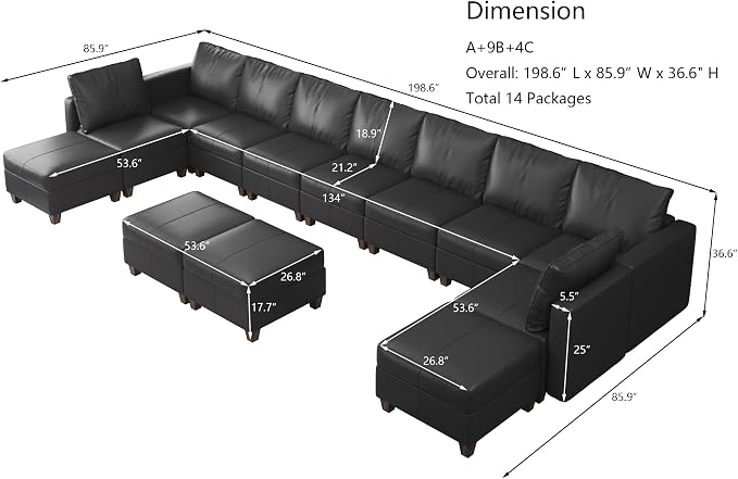 EASE MOOSE Faux Leather Modular Couch Sectional Sofa with Storage Ottomans, Oversized U Shaped Couch, Black