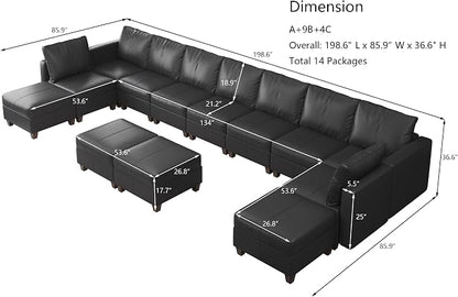 EASE MOOSE Faux Leather Modular Couch Sectional Sofa with Storage Ottomans, Oversized U Shaped Couch, Black