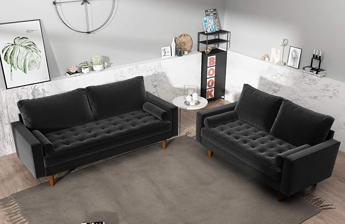 Container Furniture Direct Womble 70 Inch Velvet Sofa with Elegant Button Tufted Upholstery, Square Arms, Splayed Wood Legs, Includes Matching Bolster Pillows, Black