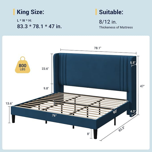 Allewie King Size Velvet Platform Bed Frame with Vertical Tufted Wingback Headboard, Easy Assembly, Under Bed Storage, No Box Spring Required, Modern Style, Blue