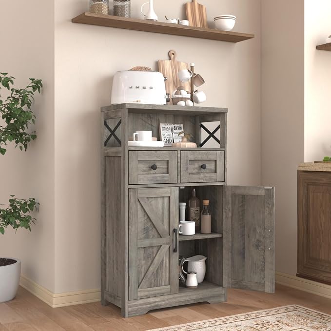 Befrases Set of 2 Farmhouse Storage Cabinet with Drawers and Shelf, Freestanding Kitchen Pantry Storage Cabinet, Floor Hutch Cupboard for Kitchen, Living Room, Home Office, Rustic Grey