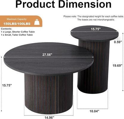Round Nesting Coffee Tables for Living Room, Set of 2, Black | φ27.6 + φ15.8 Boho Small Circle Side Tables, Fluted Drum Design Wood Grain Finish Minimalist Modern End Table, Small Spaces