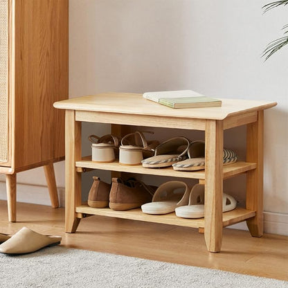 Dewfig Shoe Rack Bench, 3-Tier Shoe Shelf Organizer,4-Pairs Entryway Storage Bench for Hallway, Bedroom, Living Room, Bedroom, Hold up to 550 lbs, Solid Wood, Natural