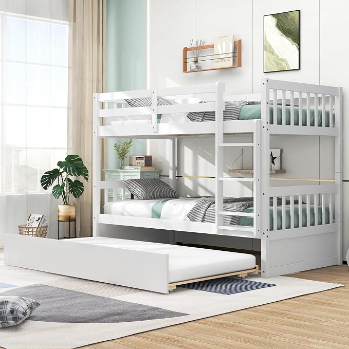 MAT EXPERT Twin Over Twin Bunk Bed with Trundle, Solid Wood Bunk Bed Frame w/Ladder, Slats & Rail, Convertible Twin Size Platform Bed for Kids, Space-Saving Bunk Beds for Bedroom Dorm (White)