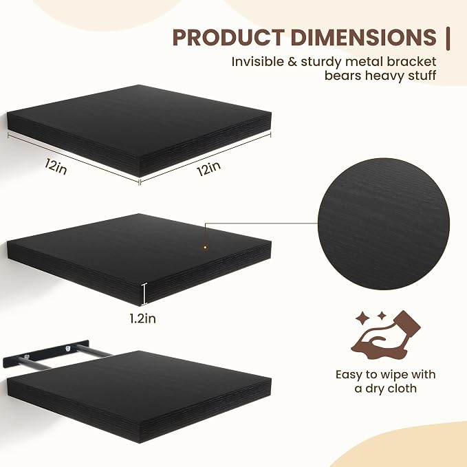 Fun Memories Floating Shelves for Wall - 12 Inch Square Shelves with Invisible Brackets, Black Small Wall Shelf for Living Room, Bathroom, Bedroom, and Kitchen Decor Set of 3