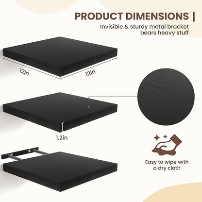 Fun Memories Floating Shelves for Wall - 12 Inch Square Shelves with Invisible Brackets, Black Small Wall Shelf for Living Room, Bathroom, Bedroom, and Kitchen Decor Set of 3