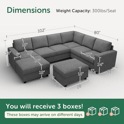 HONBAY Sectional Couch with Storage, U Shaped Sectional Sofa, 8 Seater Sectional Couch for Living Room, Light Grey