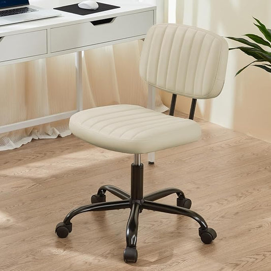 Sweetcrispy Small Office Desk Chair, Armless PU Leather with Comfy Lumbar Support, Height Adjustable Rolling Swivel Task for No Arms, for Adult, Student, Bedroom, Home, Vanity, Beige White