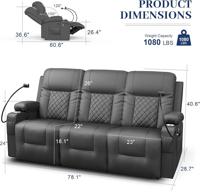 YONISEE 3 Seat Recliner Sofa, Large Reclining Sofa with Storage Drawer, Manual Recliner Couch with USB Ports, 2 Cell Phone Holder, 3 Seater Loveseat Recliner Couch for Living Room