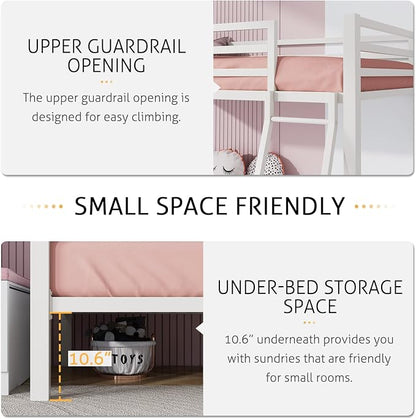 SHA CERLIN Loft Bunk Bed Twin Over Twin Size with Ladder and Guardrail,Heavy Duty Metal Slats Support No Box Spring Needed Small Space Saving Furniture for Bedroom Dorm,White