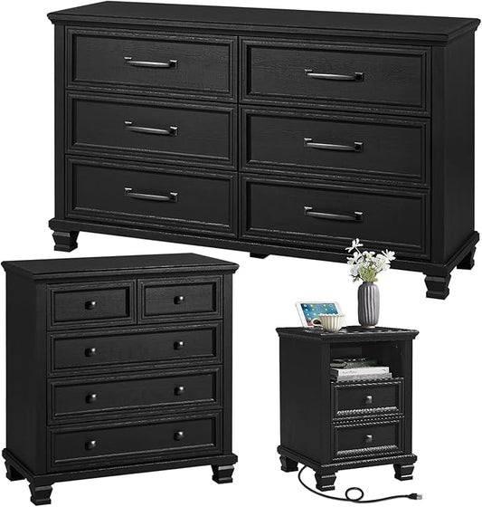SAVOR LIFE Farmhouse Dresser and Nightstand Sets of 3, 6/5 Drawer Dresser & 2 Drawer Nightstand, Rustic Black Bedroom Furniture Set for Home, Bedroom, Hallway, Black