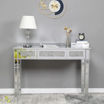 VINGLI Silver Mirrored Vanity Desk, Makeup Vanity Desk, Glass Desk with 3 Drawers, Glass Vanity for Women Girls Bedroom, Makeup Room & Office Writing Desk