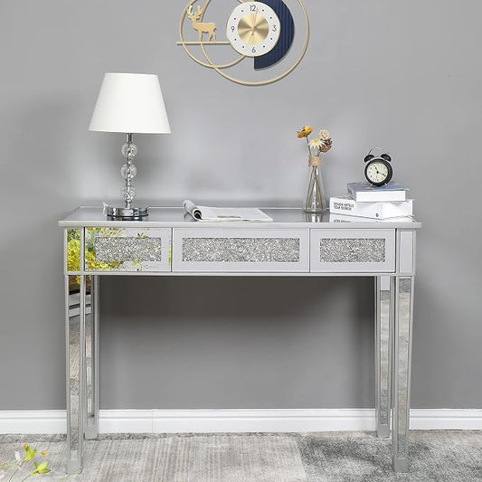 VINGLI Silver Mirrored Vanity Desk, Makeup Vanity Desk, Glass Desk with 3 Drawers, Glass Vanity for Women Girls Bedroom, Makeup Room & Office Writing Desk