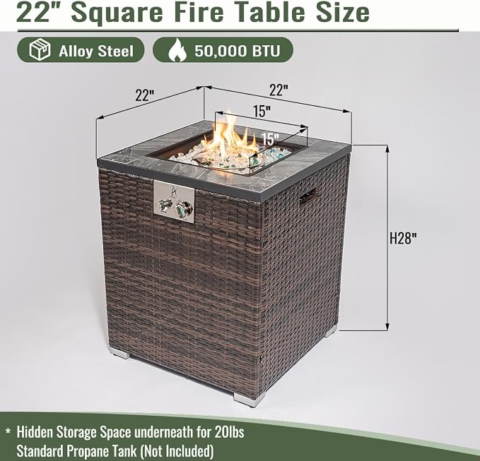 24" Square Propane Gas Fire Pit Table, 50,000 BTU Outdoor Patio Heater with Tile Top, Wicker Base, Blue Glass Beads & Wind-Resistant Glass Guard, Espresso