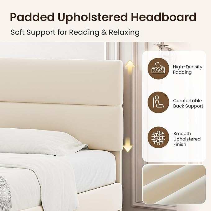 GRUSIGN Twin Size Platform Bed Frame with Velvet Headboard, Adjustable Height Wooden Slats Support, Upholstered Mattress Foundation, Fits Mattress or Mattress with Box Spring, Easy Assembly, Beige
