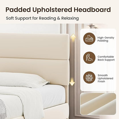 GRUSIGN Twin Size Platform Bed Frame with Velvet Headboard, Adjustable Height Wooden Slats Support, Upholstered Mattress Foundation, Fits Mattress or Mattress with Box Spring, Easy Assembly, Beige