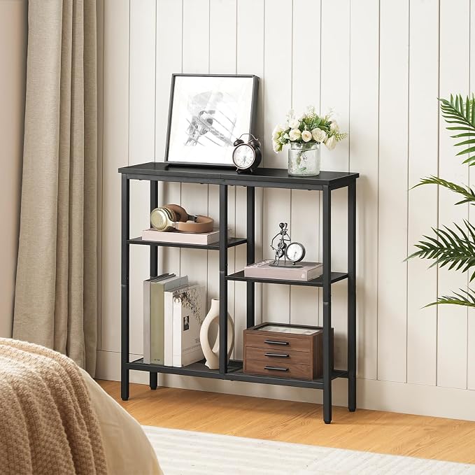 HOOBRO Narrow Console Table, Sofa Table, 4-Tier Industrial Entryway Table with Metal Mesh Shelf, Hallway Table with Adjustable Feet, for Entryway, Living Room, Hallway, Black BB79XG01