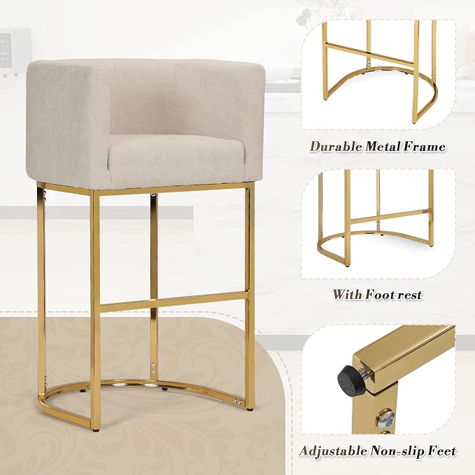 Athena Collection Counter Height Bar Stools Set of 2, 29 Inches Upholstered Barstool Set of 2 with Back and Metal Base, Modern Bar Stool Chairs for Kitchen Island, Dining Room, White