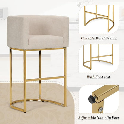 Athena Collection Counter Height Bar Stools Set of 2, 29 Inches Upholstered Barstool Set of 2 with Back and Metal Base, Modern Bar Stool Chairs for Kitchen Island, Dining Room, White
