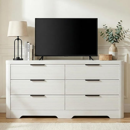 FUSUNBAO Fluted 6 Drawer Dresser, Modern Wood Dresser for Bedroom,TV Stand,Thickened Curved Profile Design,Bedroom,Entryway,Wood Drawer Organizer (White Oak)