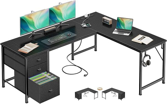 Furologee 63" L Shaped Desk with Power Outlets & USB-C Port, Reversible Corner Computer Desk with 3 Fabric Drawers, Hooks, Large Home Office Desk for Gaming, Writing, Work, Black