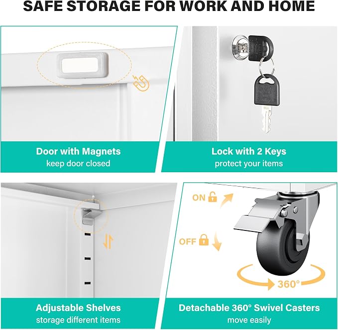SISESOL Wide & Deep Metal Storage Cabinet with Wheels,Tall Rolling Garage Storage Cabinet with Lock,White Metal Cabinets with Pegboards and Shelves,Tool Locker for Garage,Home,Office,43''Wx 20''Dx71"H