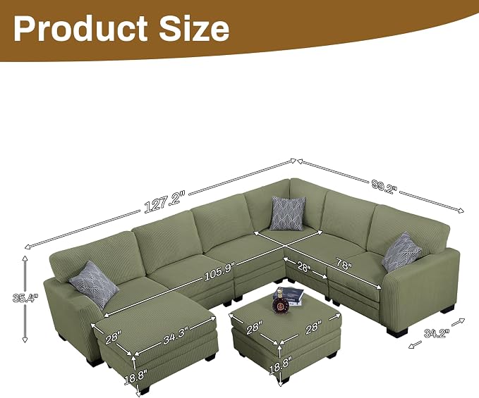 Legend Vansen Oversized Modular Sectional Sofa,8 Seat U Shaped Couch with Ottoman,Corduroy Sofa with Deep Seat,Convertible Large Sectional Couches for Living Room(Olive, U-8)