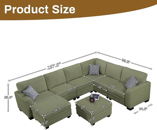 Legend Vansen Oversized Modular Sectional Sofa,8 Seat U Shaped Couch with Ottoman,Corduroy Sofa with Deep Seat,Convertible Large Sectional Couches for Living Room(Olive, U-8)