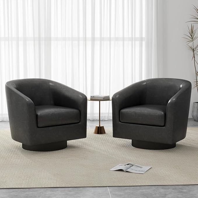 PU Leather Swivel Accent Chairs, Modern Upholstered Barrel Club Chair for Living Room, Round Armchair Single Sofa Bedroom Side Reading Seat - Charcoal Black, Set of 2
