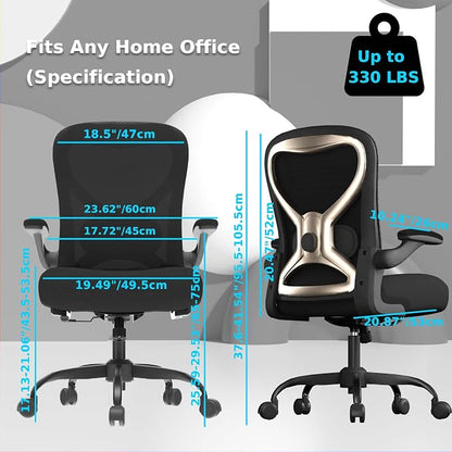 Ergonomic Home Office Chair – 4-Way Lumbar Support, 3.54" Extra-Thick Seat Cushion, Breathable Mesh Back, Flip-Up Arms, Swivel Computer Desk Chair for All-Day Sitting, 330LBS