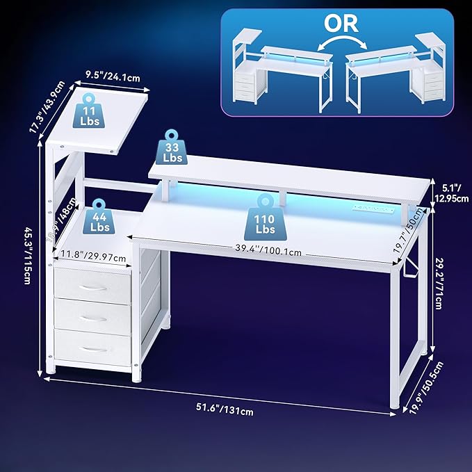 DUMOS 52” Gaming Desk with USB Charging Ports & LED Lights, Reversible Computer Desk with Drawers, PC Desk for Home Office Small Space, Gaming Table Fits PC Towers, White
