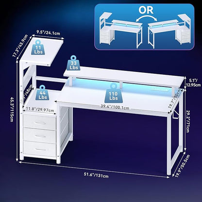 DUMOS 52” Gaming Desk with USB Charging Ports & LED Lights, Reversible Computer Desk with Drawers, PC Desk for Home Office Small Space, Gaming Table Fits PC Towers, White